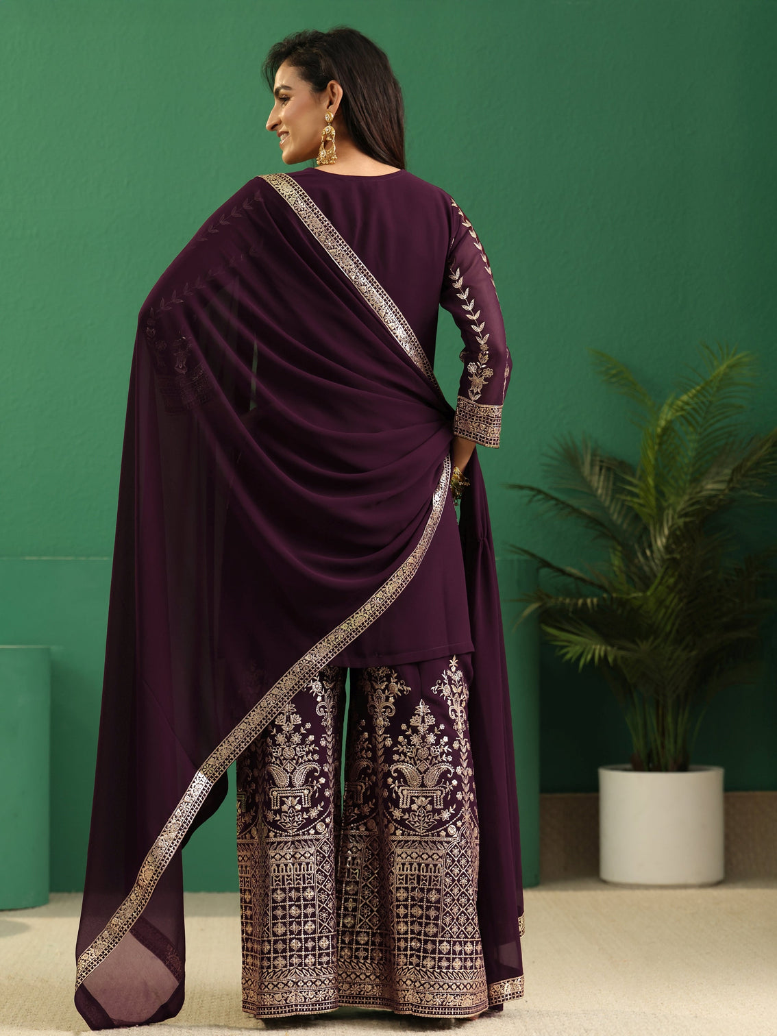Mameraa Art Burgundy Embellished Georgette Palazzo Suit Set