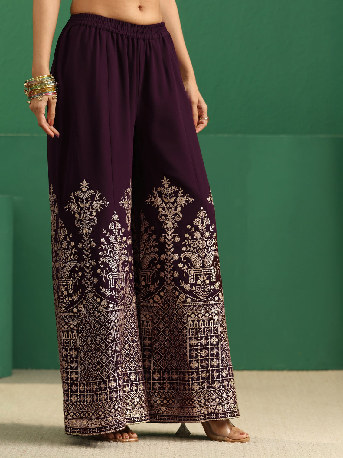 Mameraa Art Burgundy Embellished Georgette Palazzo Suit Set