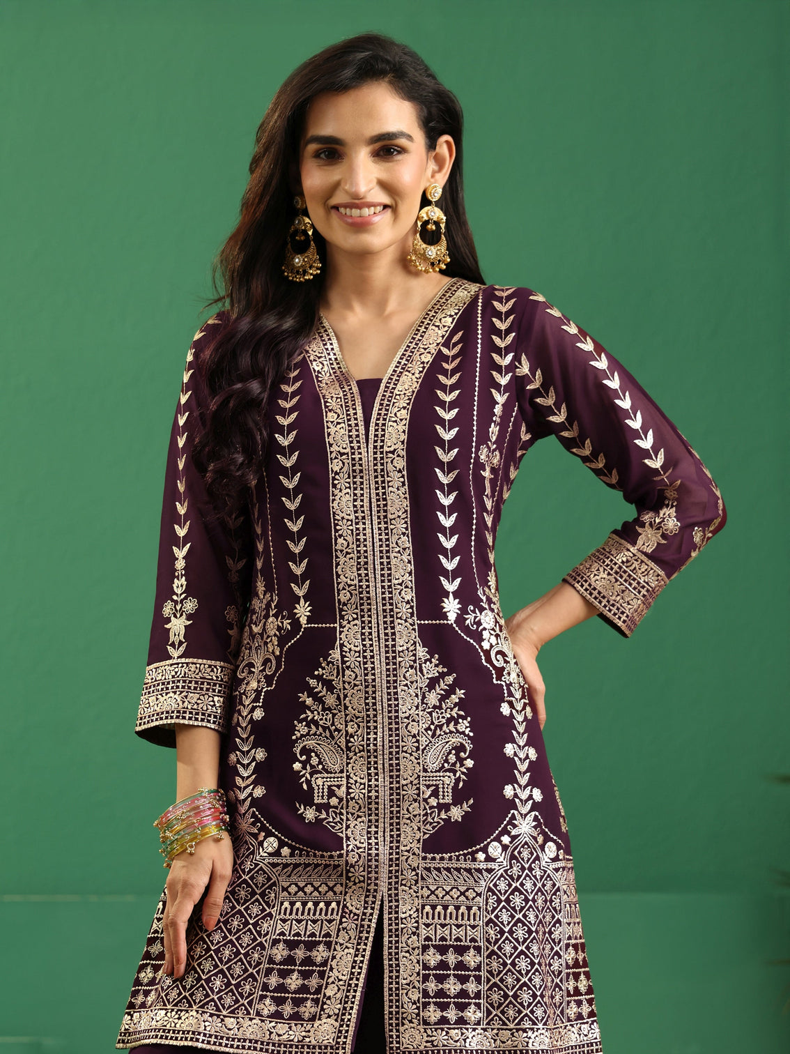 Mameraa Art Burgundy Embellished Georgette Palazzo Suit Set