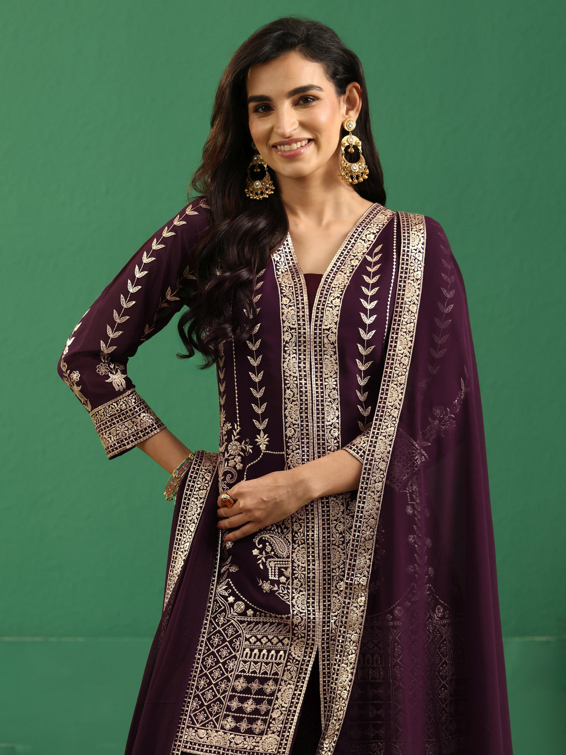 Mameraa Art Burgundy Embellished Georgette Palazzo Suit Set