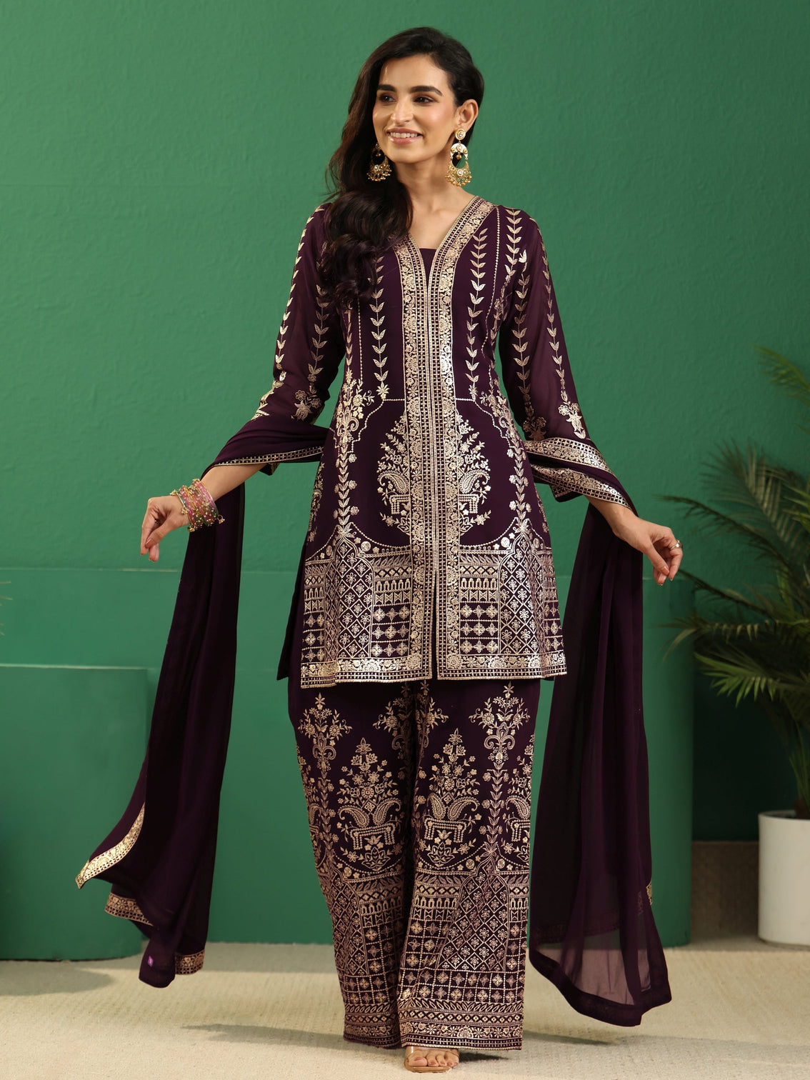 Mameraa Art Burgundy Embellished Georgette Palazzo Suit Set
