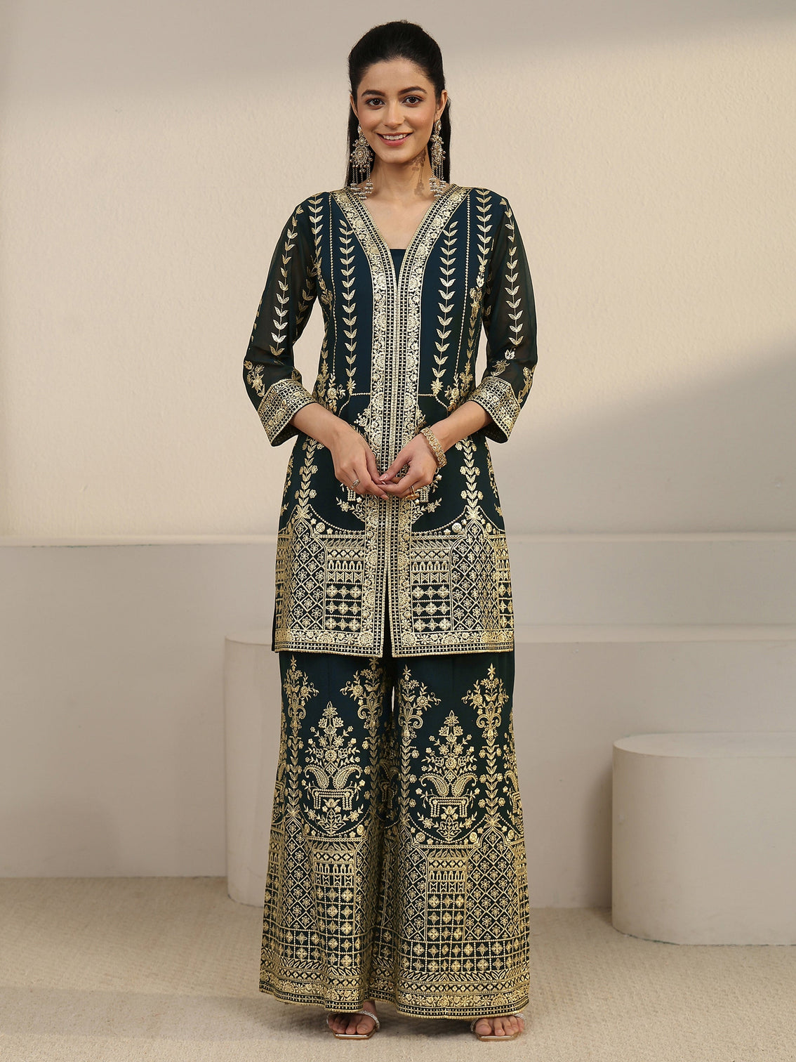 Mameraa Art Teal Green Zari Embroidered Georgette Palazzo Suit Set