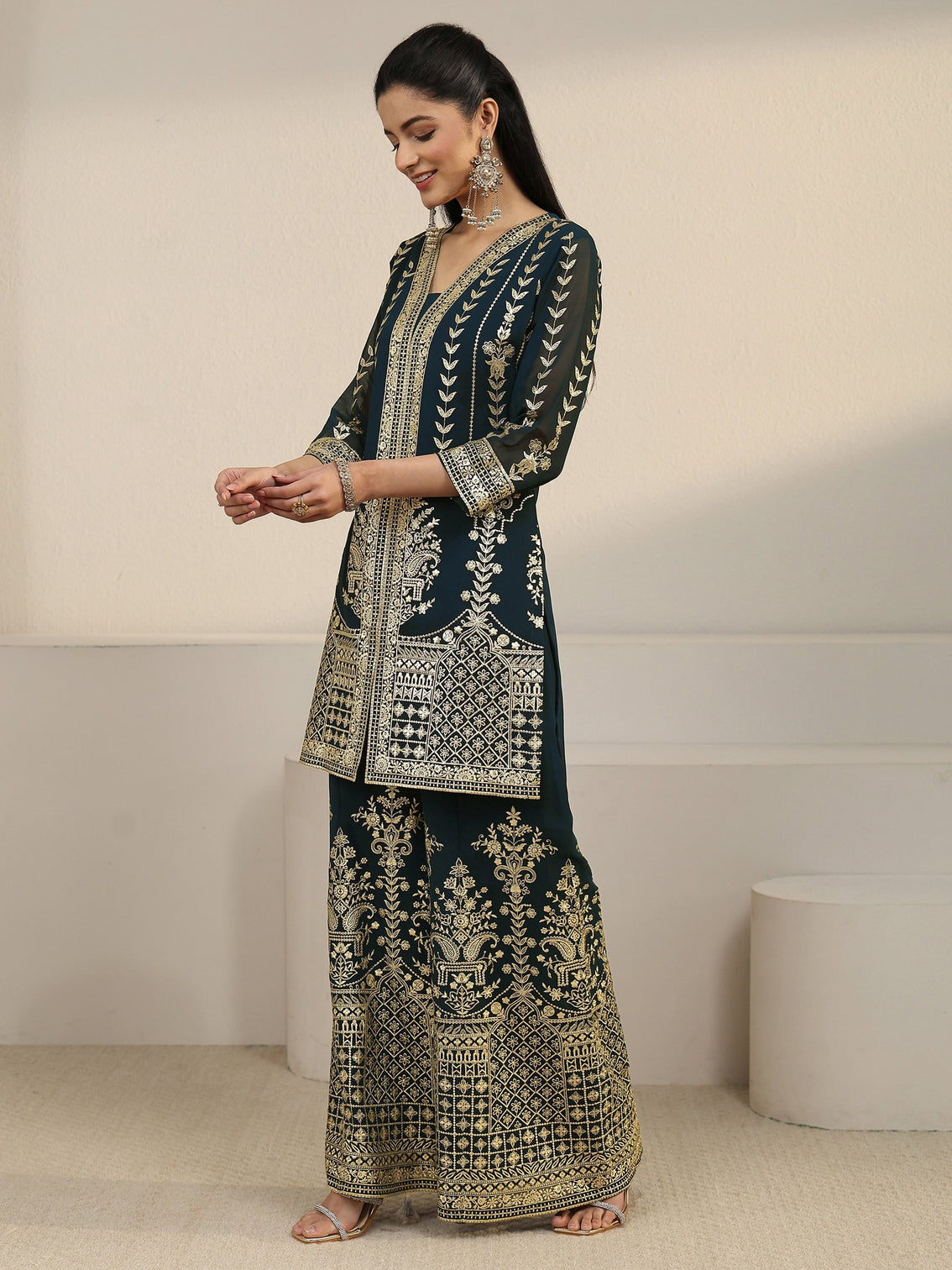 Mameraa Art Teal Green Zari Embroidered Georgette Palazzo Suit Set