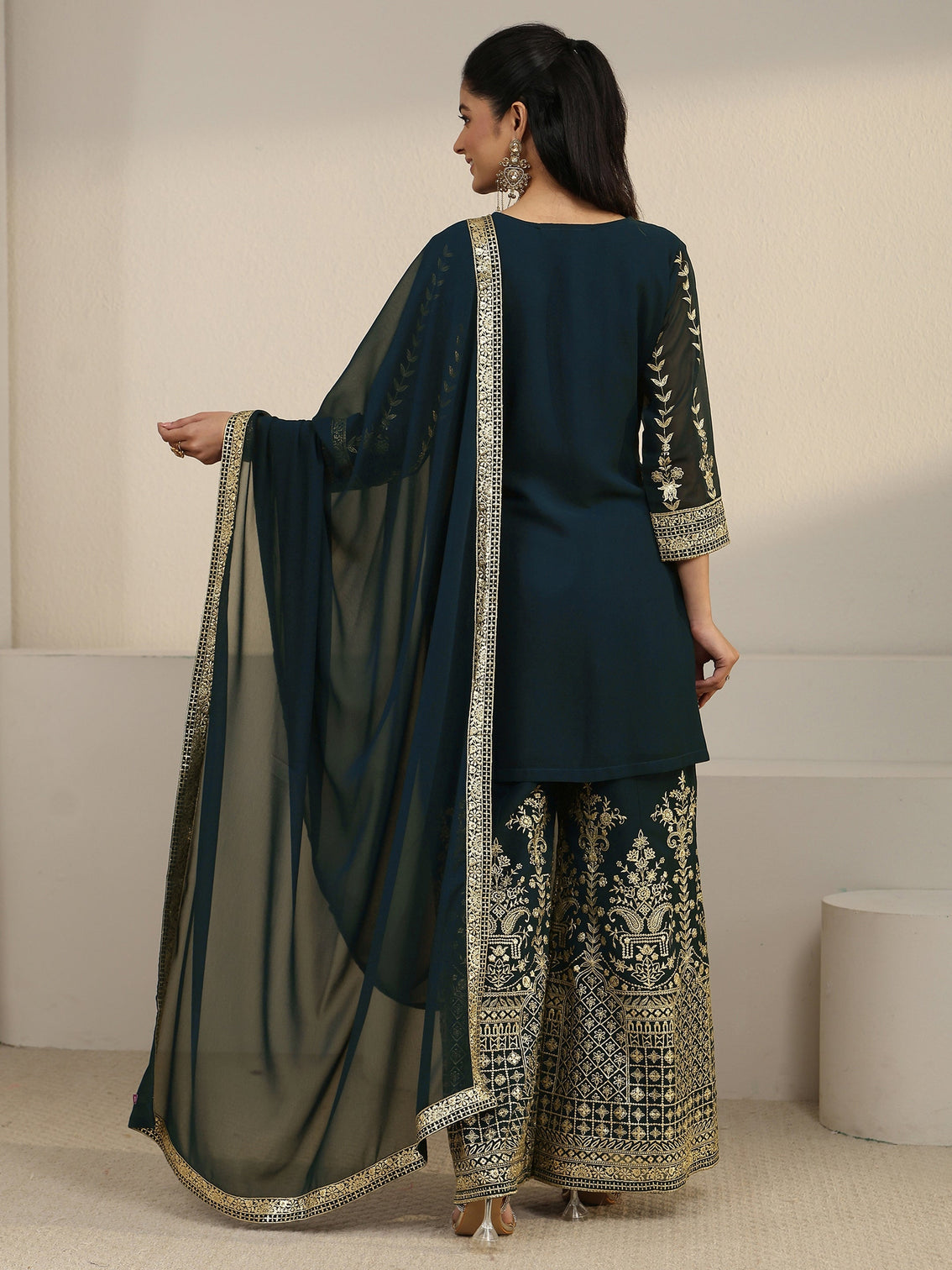 Mameraa Art Teal Green Zari Embroidered Georgette Palazzo Suit Set