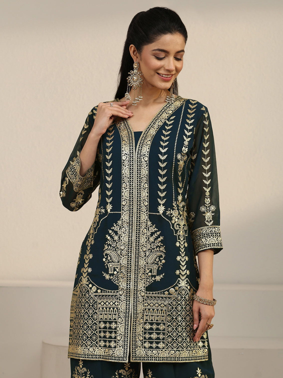 Mameraa Art Teal Green Zari Embroidered Georgette Palazzo Suit Set