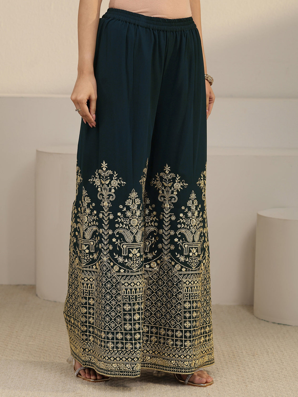 Mameraa Art Teal Green Zari Embroidered Georgette Palazzo Suit Set
