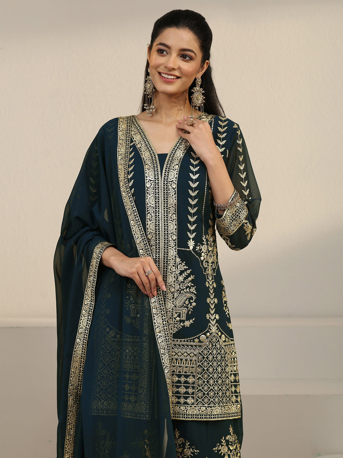 Mameraa Art Teal Green Zari Embroidered Georgette Palazzo Suit Set