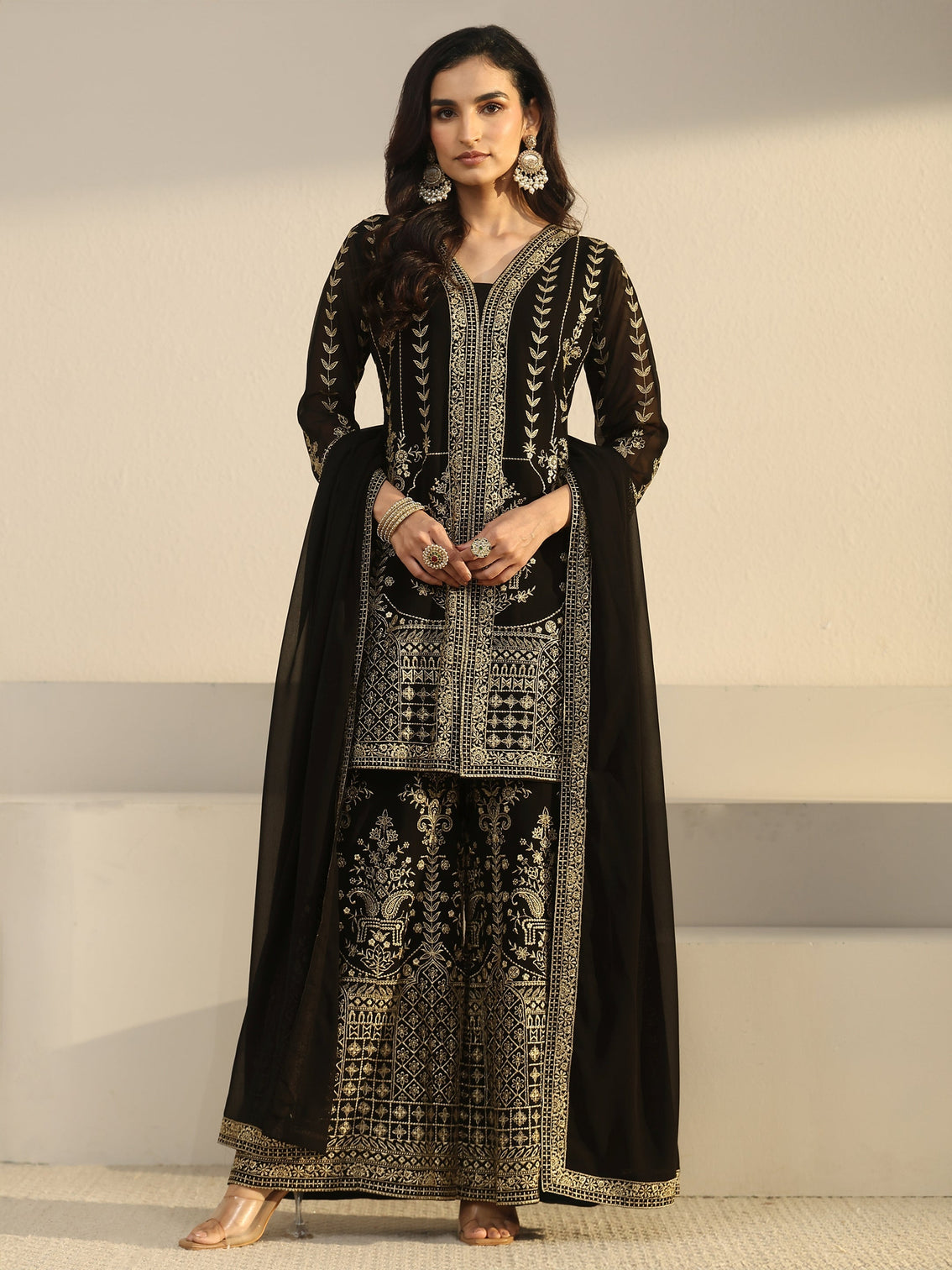 Mameraa Art Black Zari Embroidered Georgette Palazzo Suit Set