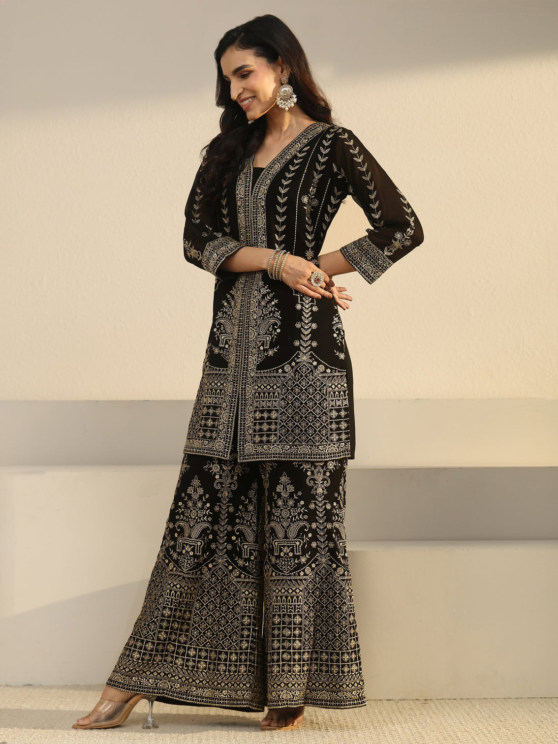 Mameraa Art Black Zari Embroidered Georgette Palazzo Suit Set