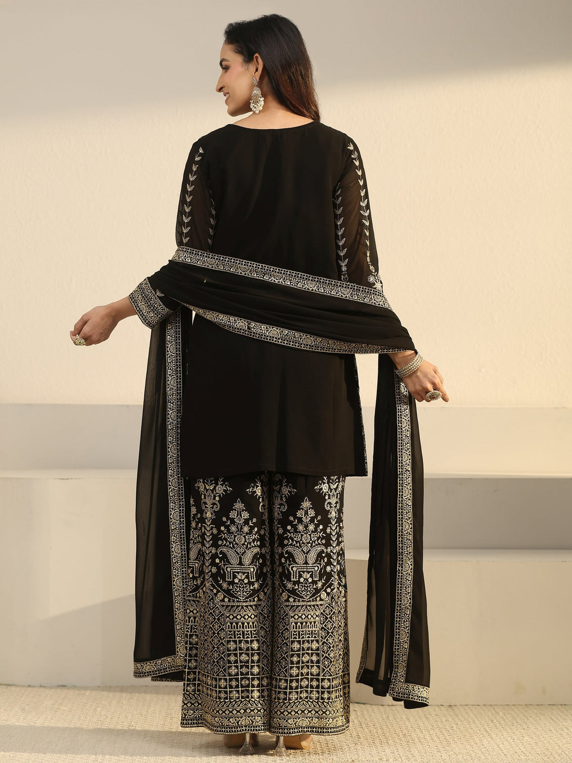 Mameraa Art Black Zari Embroidered Georgette Palazzo Suit Set