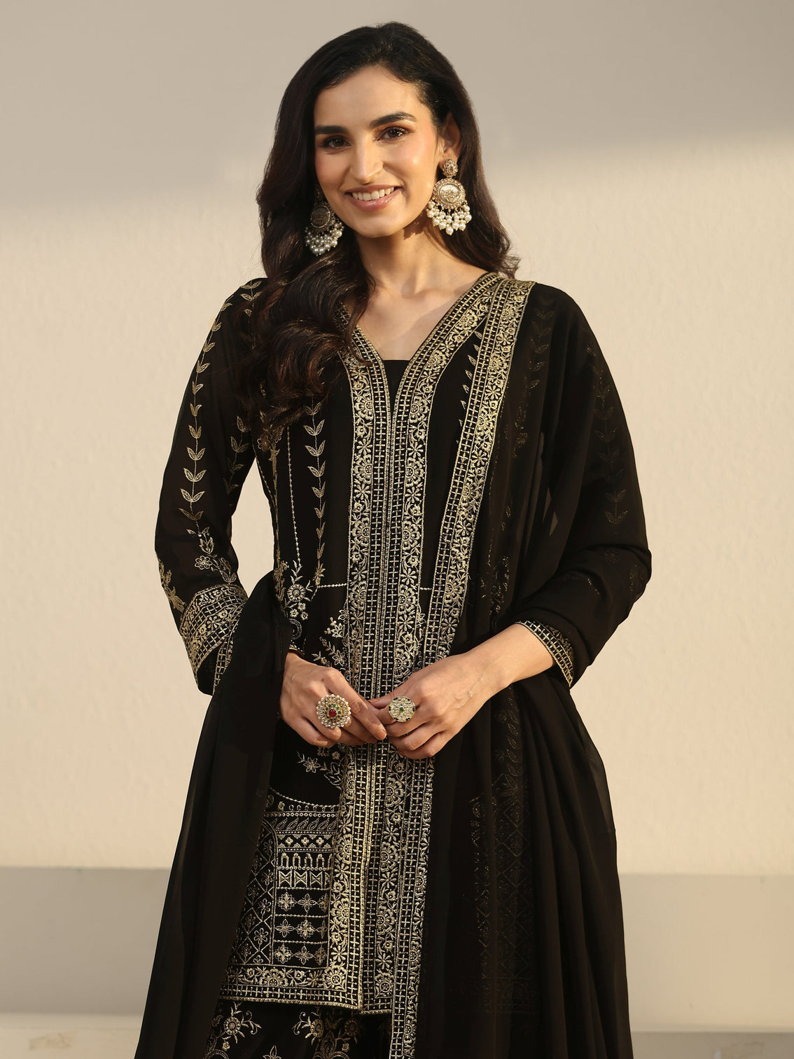 Mameraa Art Black Zari Embroidered Georgette Palazzo Suit Set
