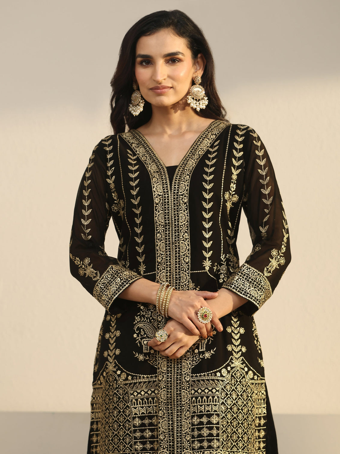 Mameraa Art Black Zari Embroidered Georgette Palazzo Suit Set