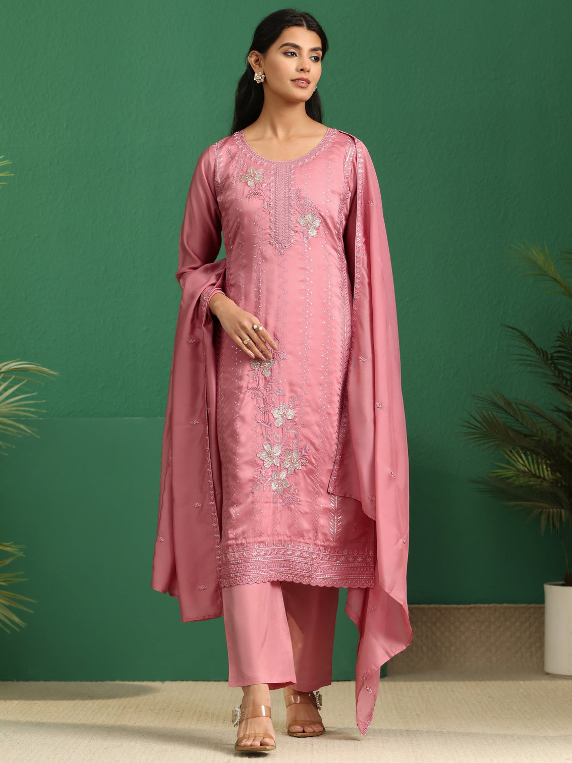 Mameraa Dusty Rose Pink Floral Embroidered Organza Straight Suit Set