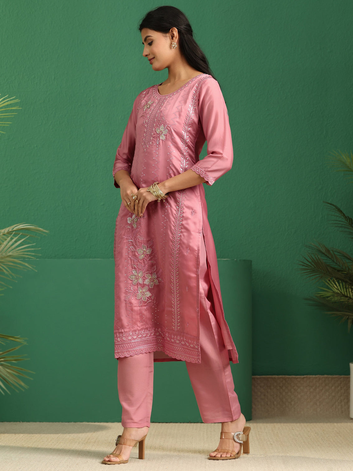 Mameraa Dusty Rose Pink Floral Embroidered Organza Straight Suit Set