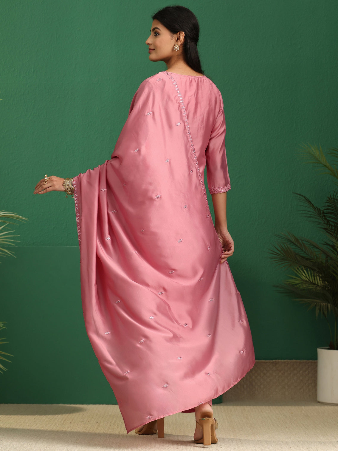Mameraa Dusty Rose Pink Floral Embroidered Organza Straight Suit Set