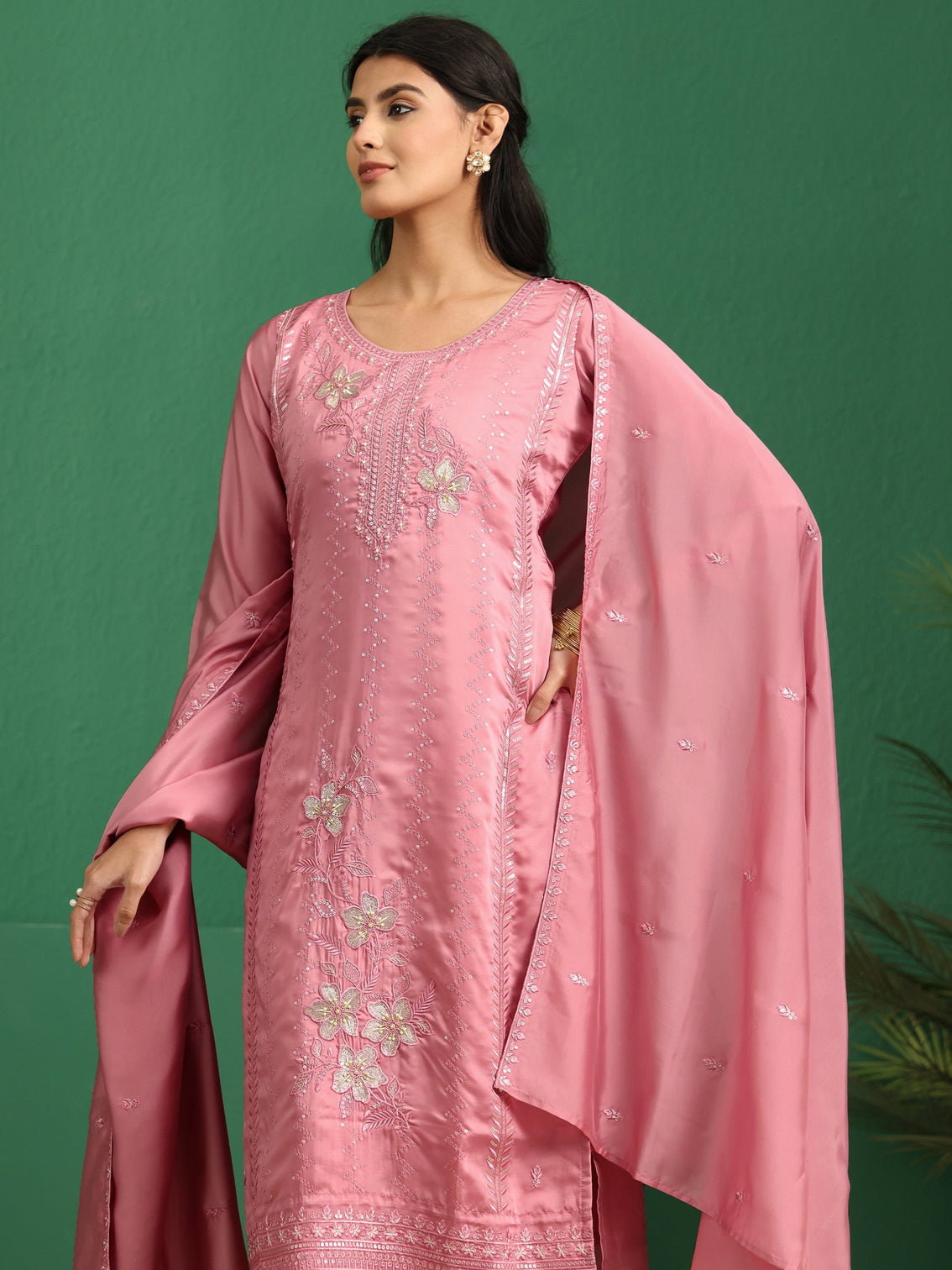Mameraa Dusty Rose Pink Floral Embroidered Organza Straight Suit Set