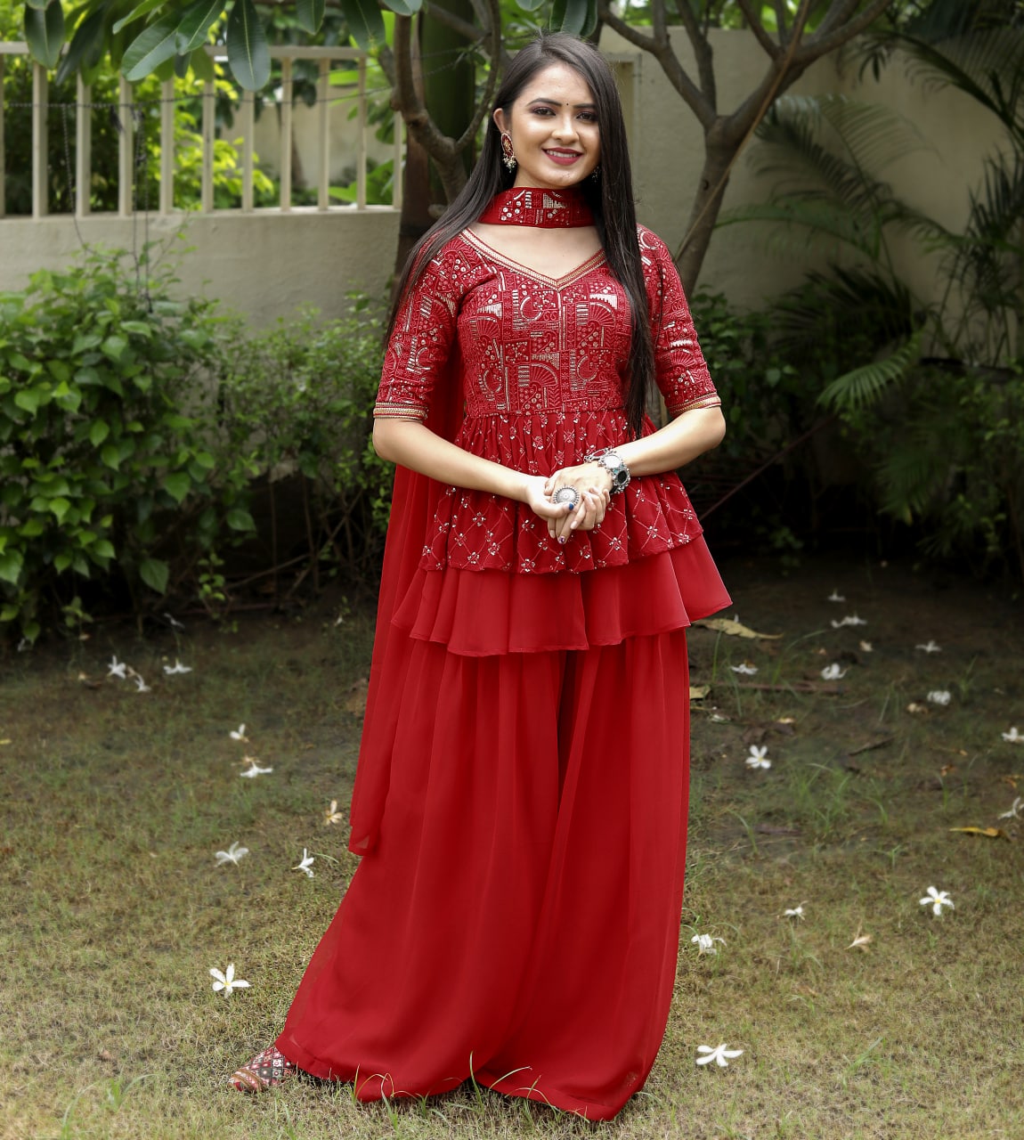 Red Sharara Suit with Embroidered Work