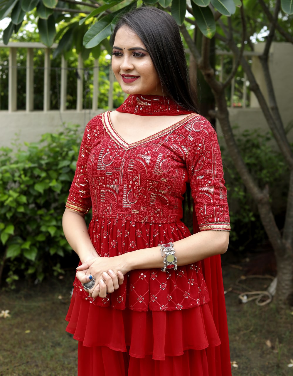Red Sharara Suit with Embroidered Work