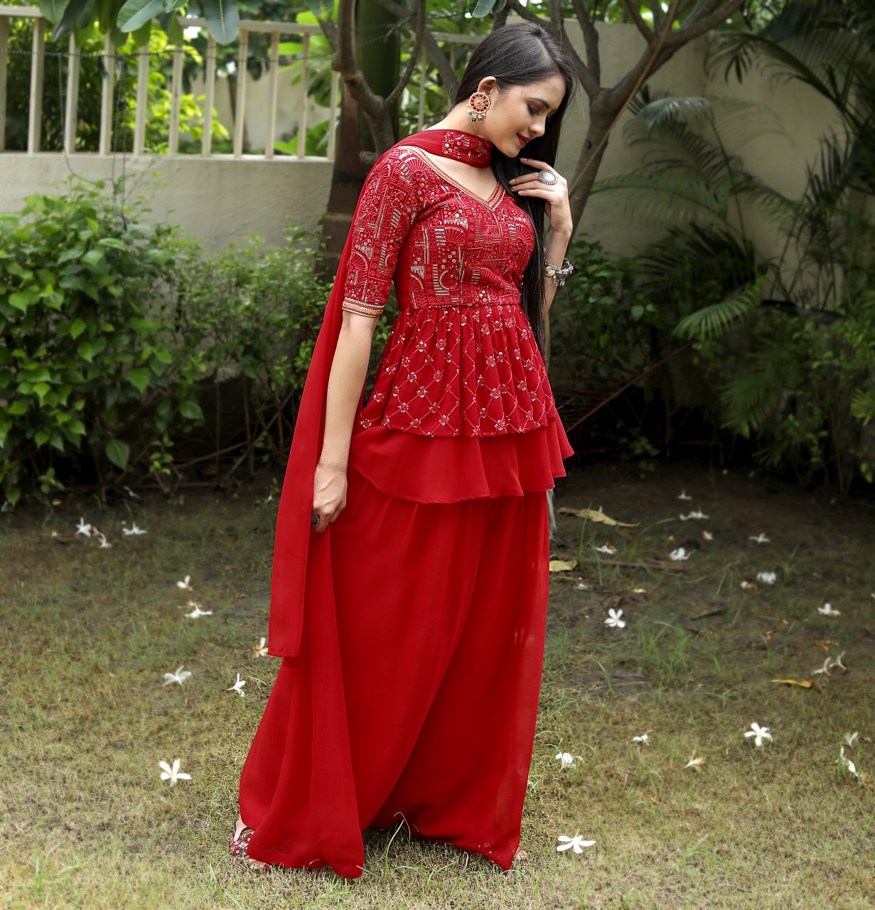 Red Sharara Suit with Embroidered Work