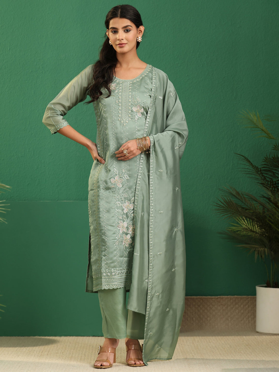 Mameraa Sage Green Floral Embroidered Organza Straight Suit Set