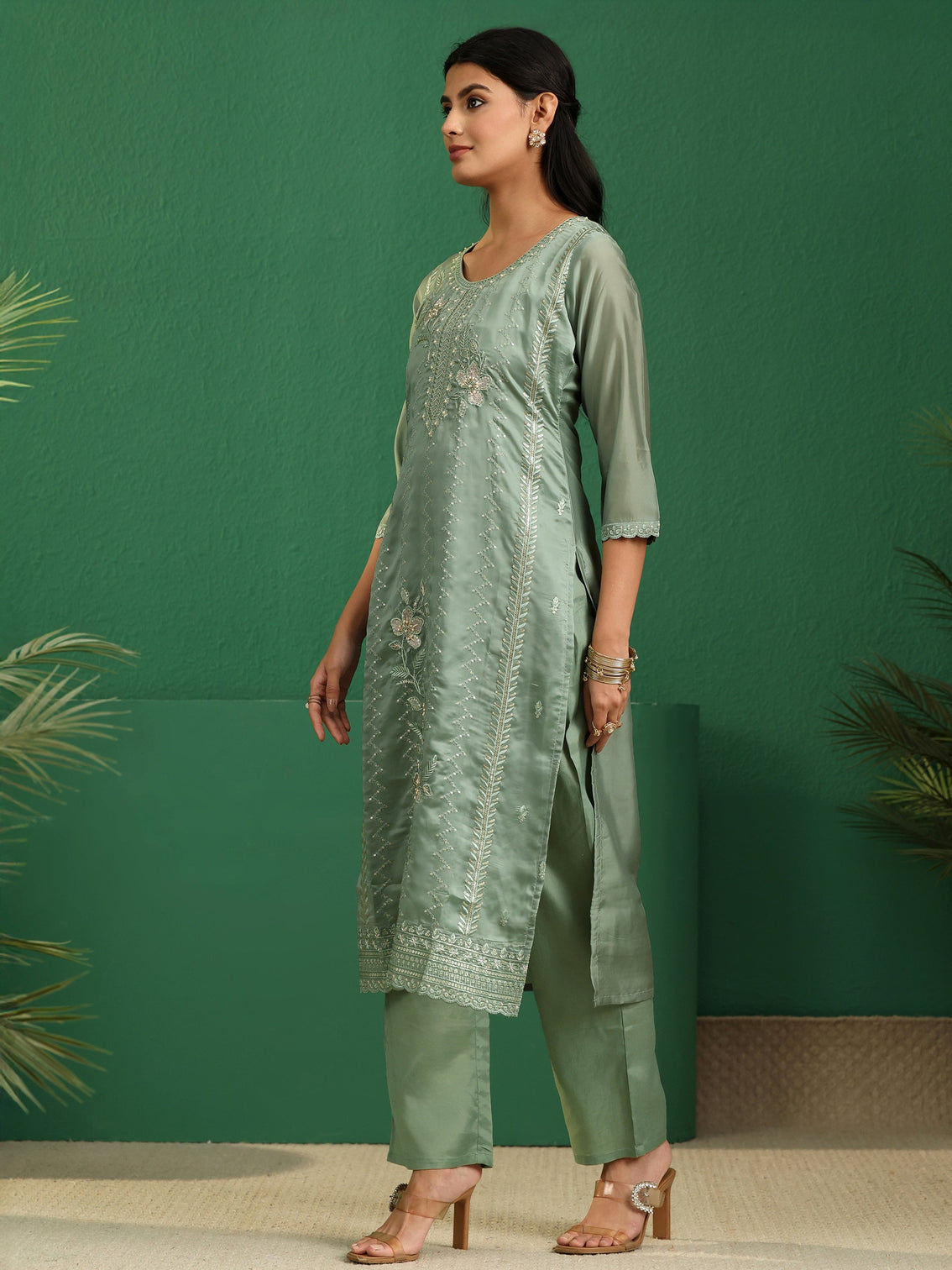 Mameraa Sage Green Floral Embroidered Organza Straight Suit Set