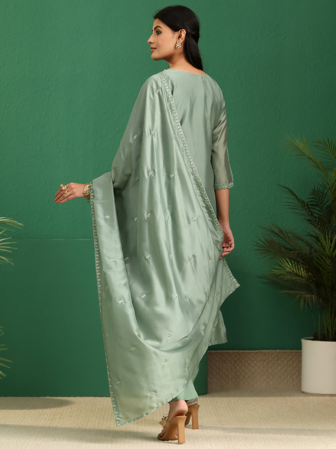 Mameraa Sage Green Floral Embroidered Organza Straight Suit Set