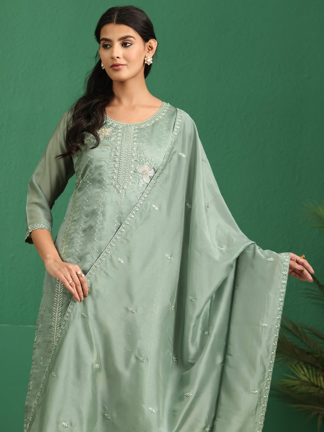 Mameraa Sage Green Floral Embroidered Organza Straight Suit Set