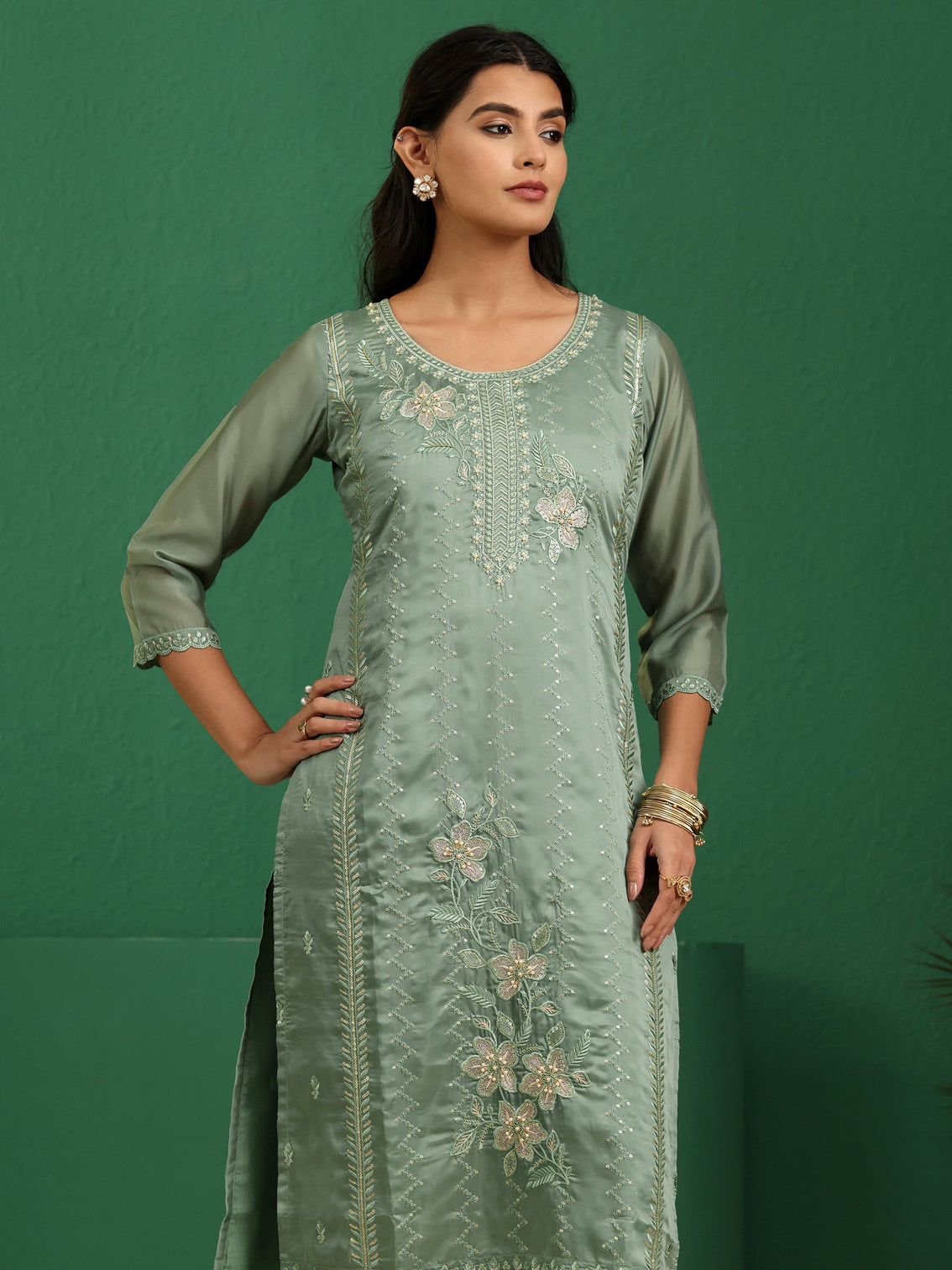 Mameraa Sage Green Floral Embroidered Organza Straight Suit Set