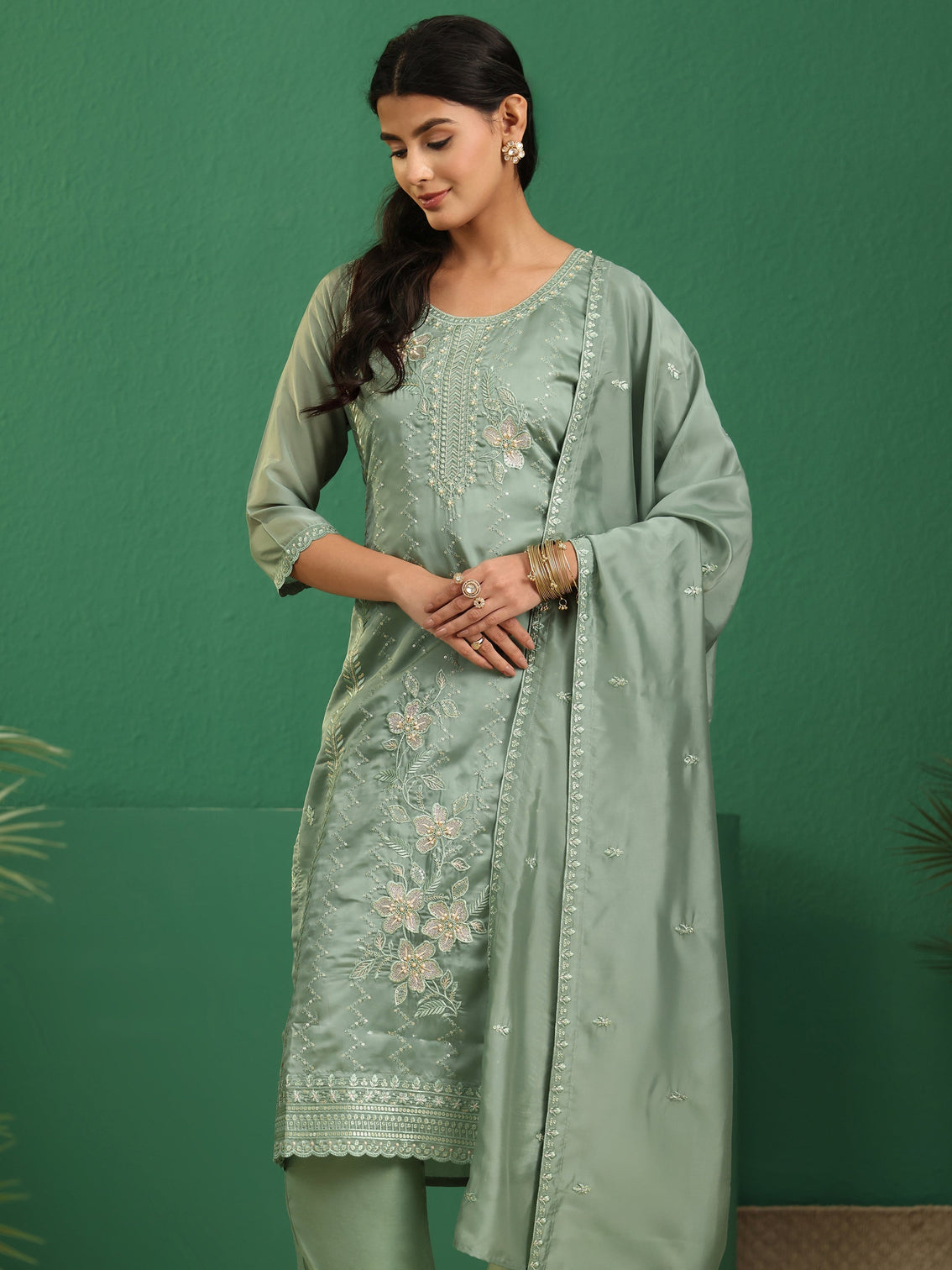 Mameraa Sage Green Floral Embroidered Organza Straight Suit Set