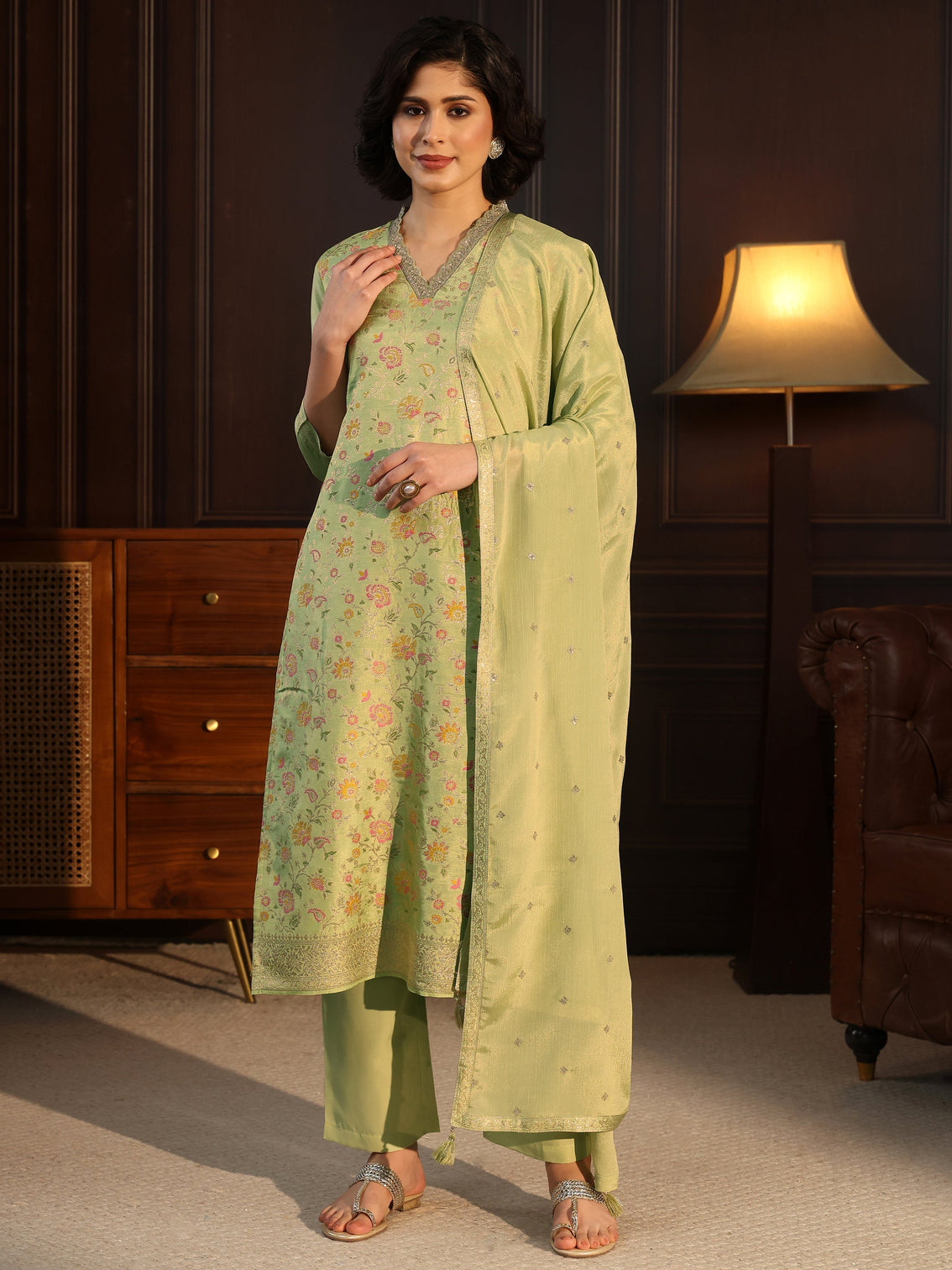 Mameraa Pista Green Floral Woven Design Silk Blend Straight Suit Set