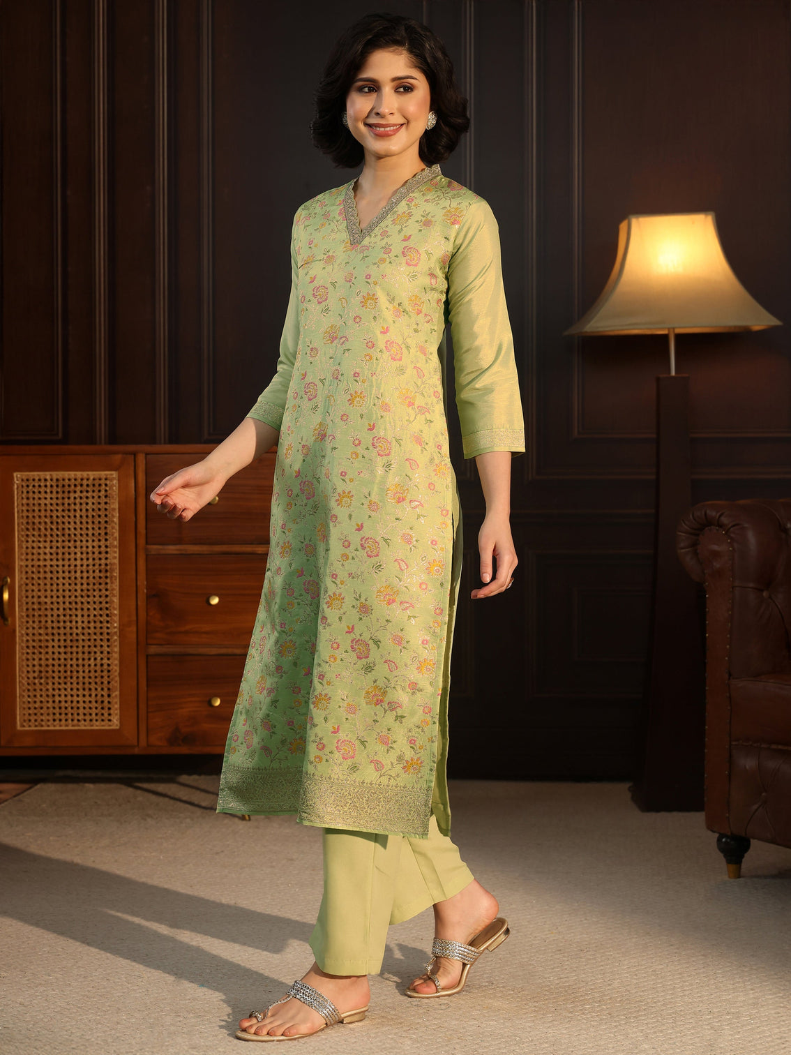 Mameraa Pista Green Floral Woven Design Silk Blend Straight Suit Set