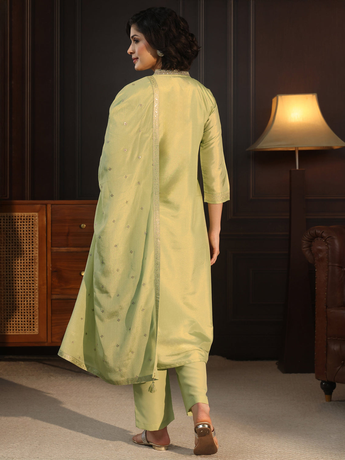 Mameraa Pista Green Floral Woven Design Silk Blend Straight Suit Set