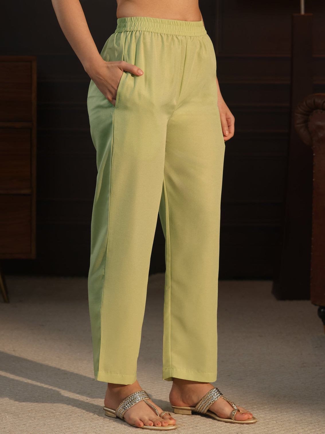 Mameraa Pista Green Floral Woven Design Silk Blend Straight Suit Set
