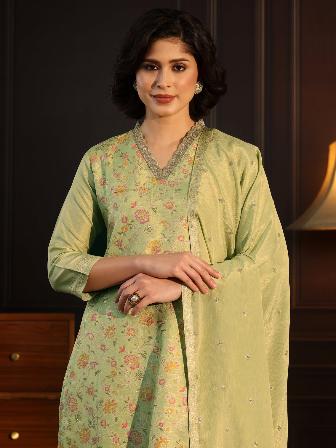 Mameraa Pista Green Floral Woven Design Silk Blend Straight Suit Set