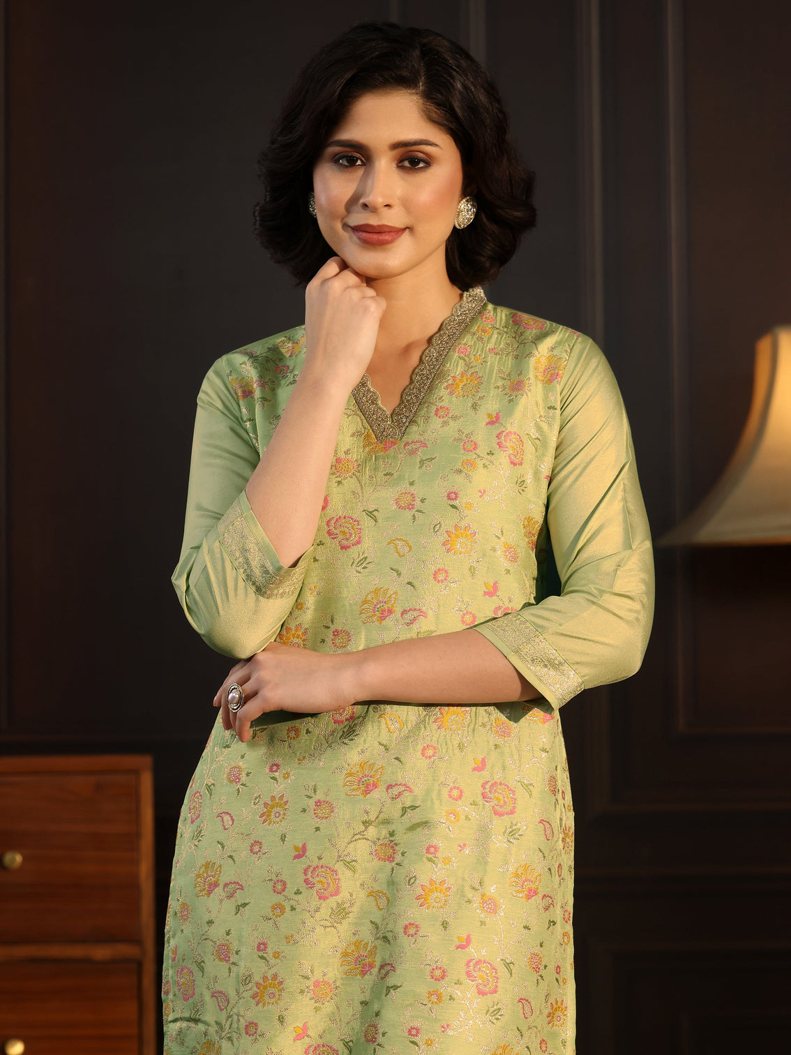 Mameraa Pista Green Floral Woven Design Silk Blend Straight Suit Set
