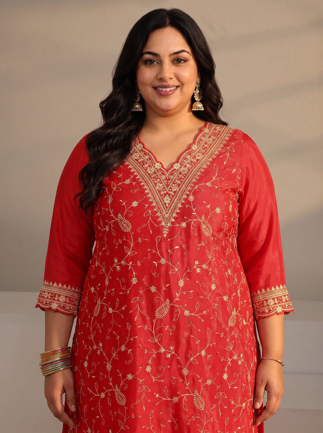 Plus Size Red Floral Embroidered Chinon Sharara Suit Set With Dupatta
