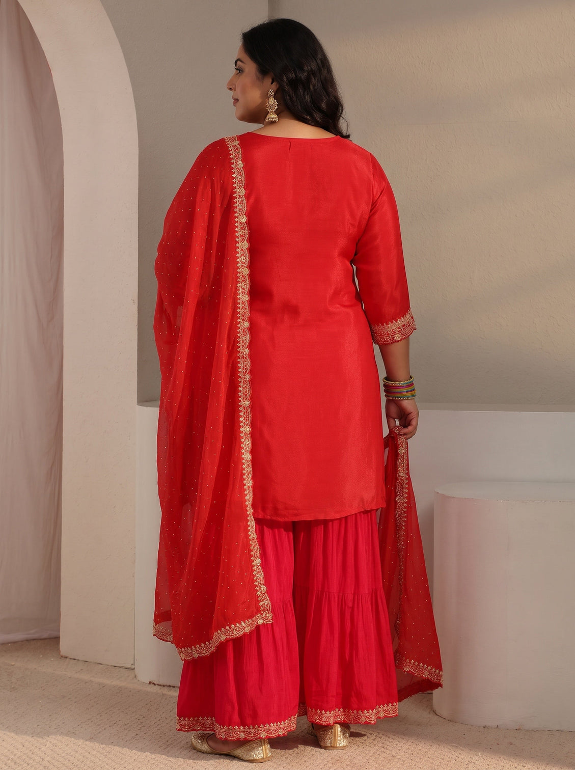 Plus Size Red Floral Embroidered Chinon Sharara Suit Set With Dupatta
