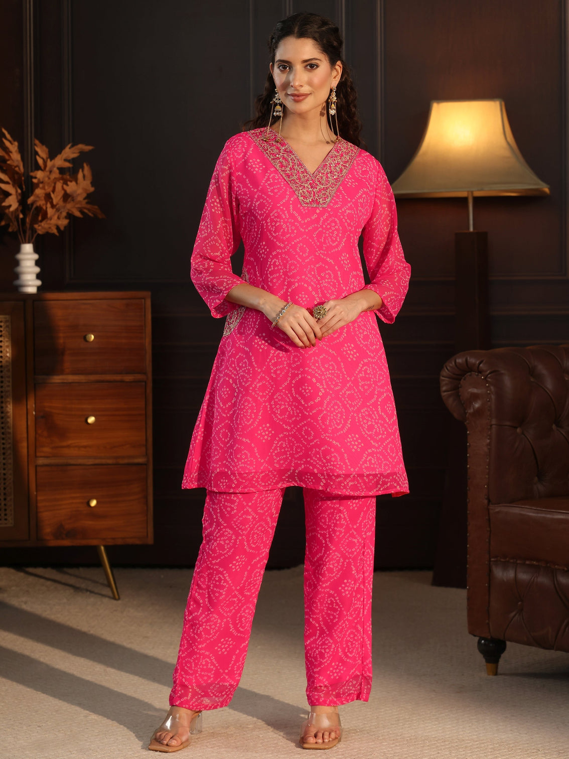 Mameraa Pink Bandhani Printed Chiffon Co-Ord Set