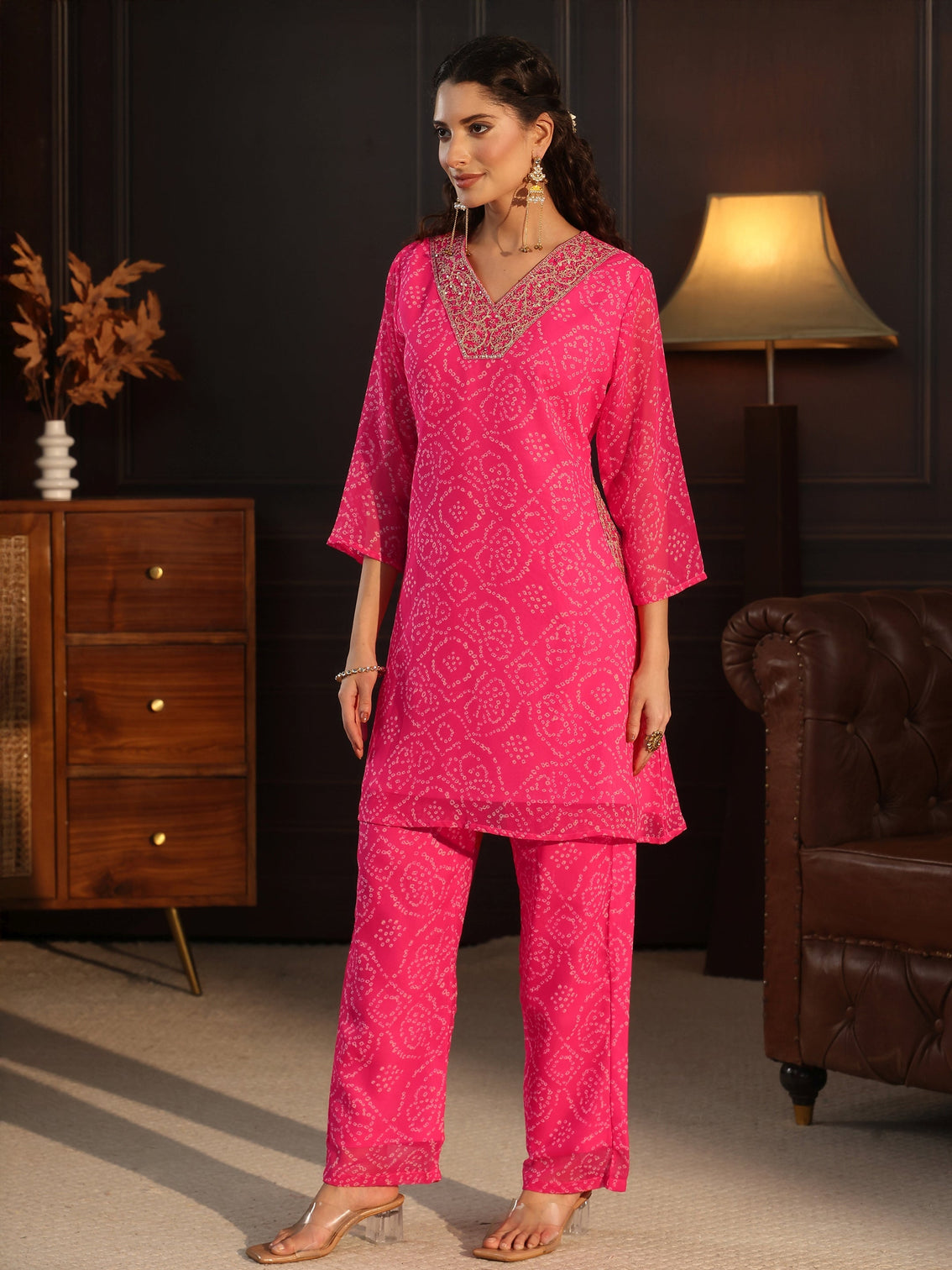 Mameraa Pink Bandhani Printed Chiffon Co-Ord Set