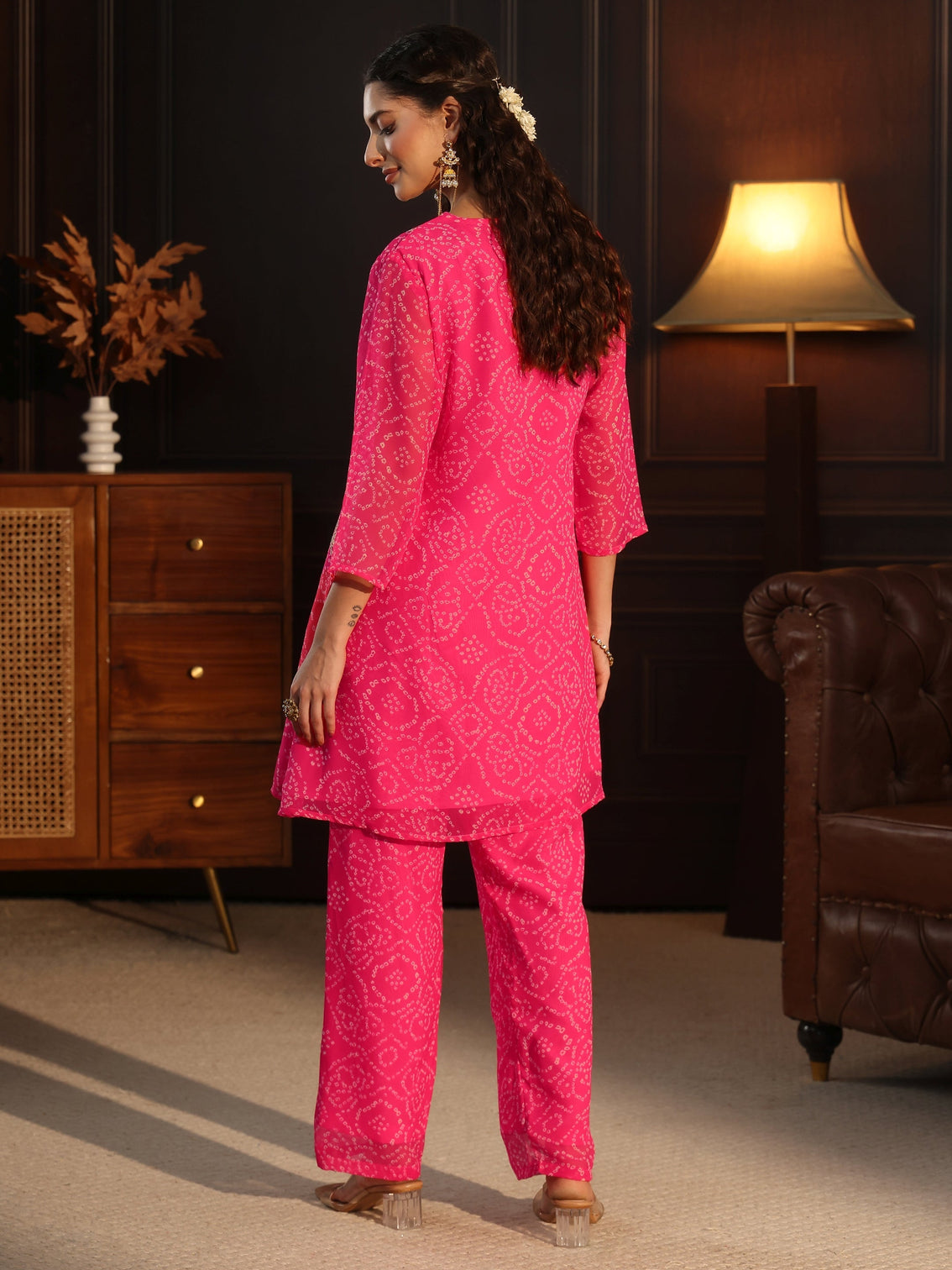 Mameraa Pink Bandhani Printed Chiffon Co-Ord Set