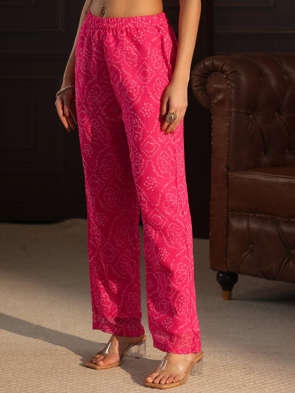 Mameraa Pink Bandhani Printed Chiffon Co-Ord Set