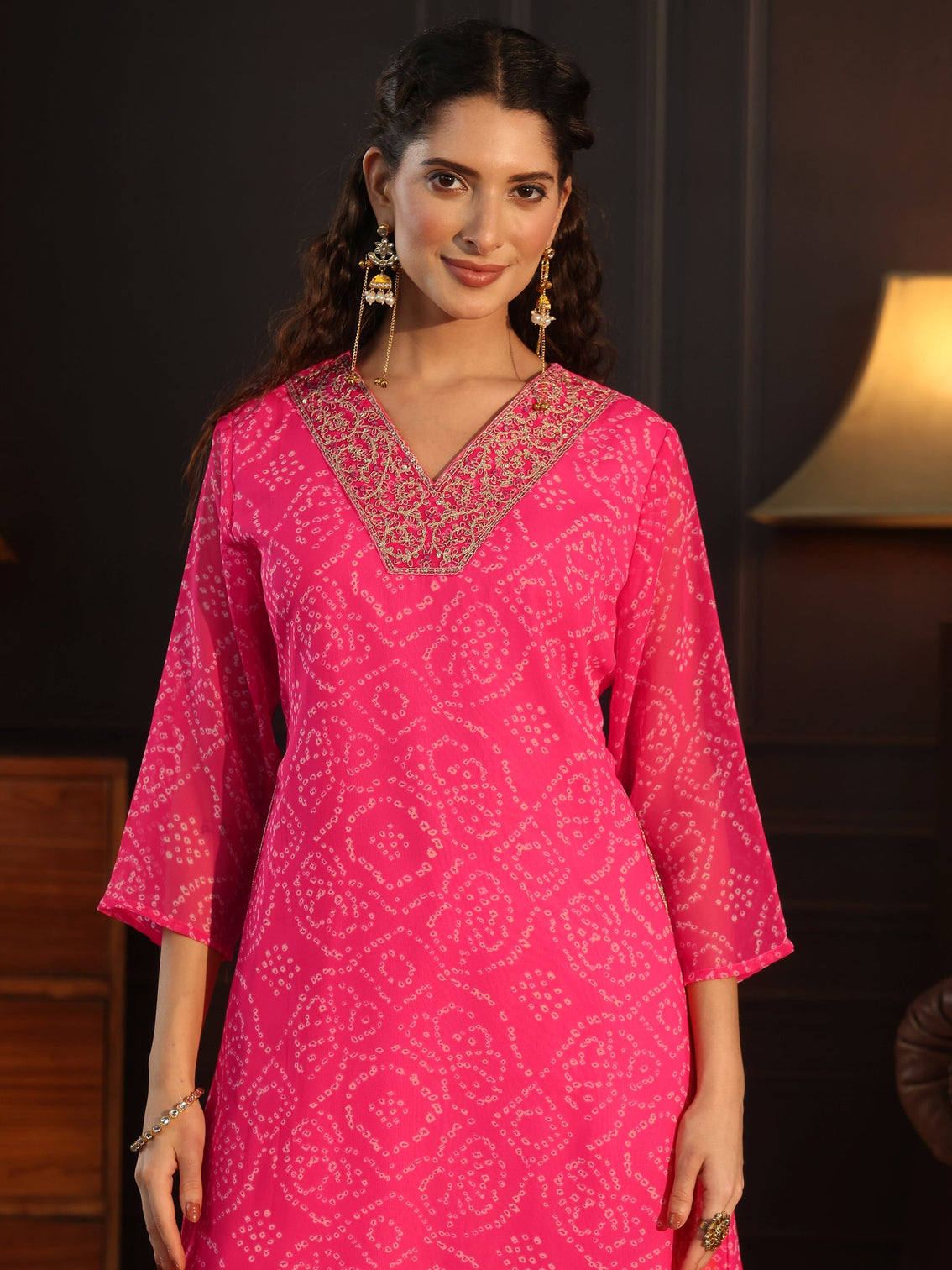 Mameraa Pink Bandhani Printed Chiffon Co-Ord Set