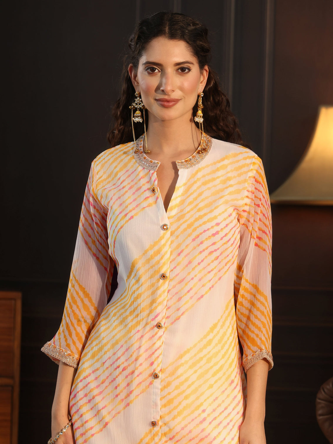 Mameraa Off White Leheriya Printed Chiffon Co-Ord Set