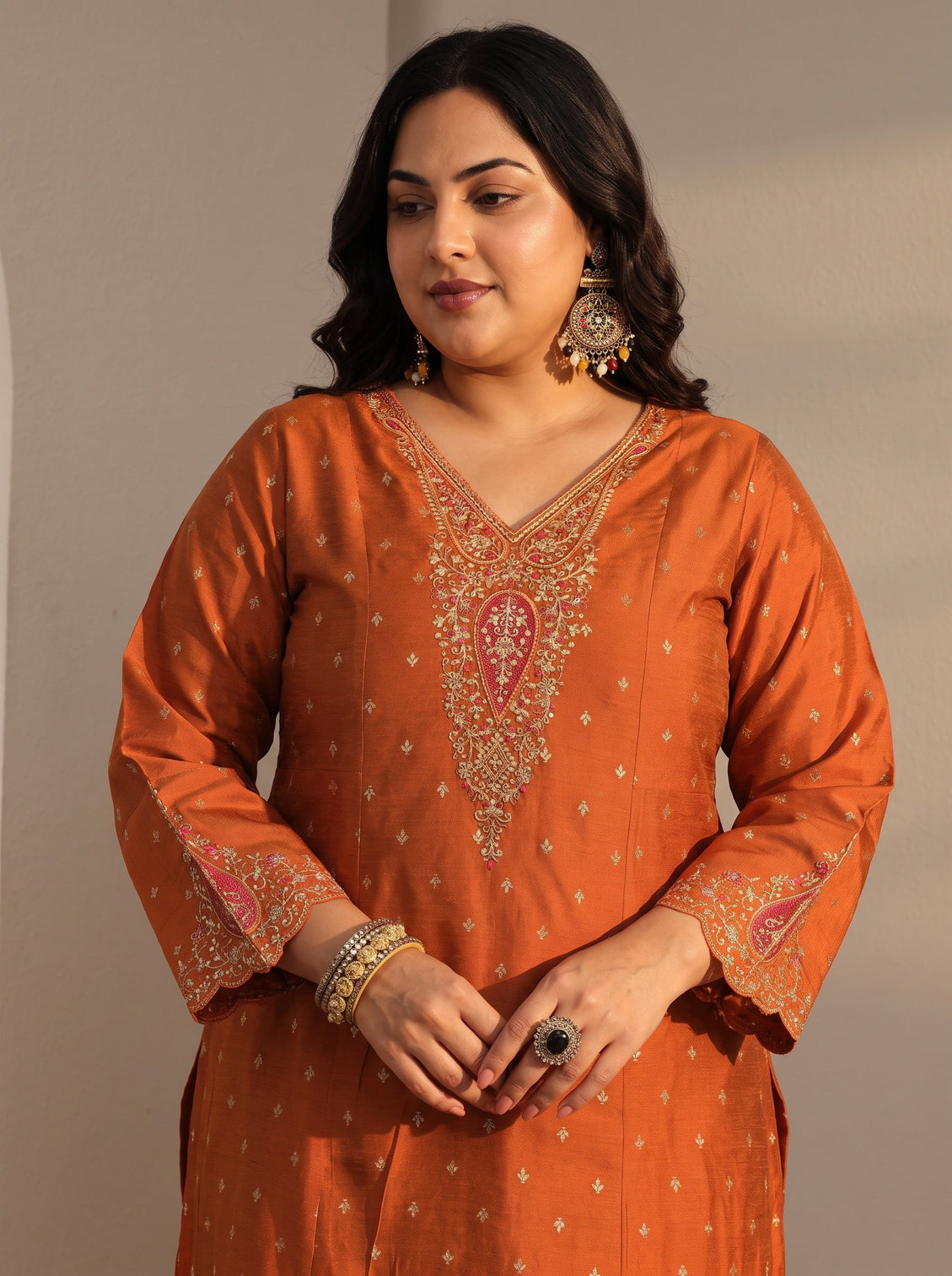 Plus Size Rust Woven Design Silk Blend A-Line Suit Set With Dupatta