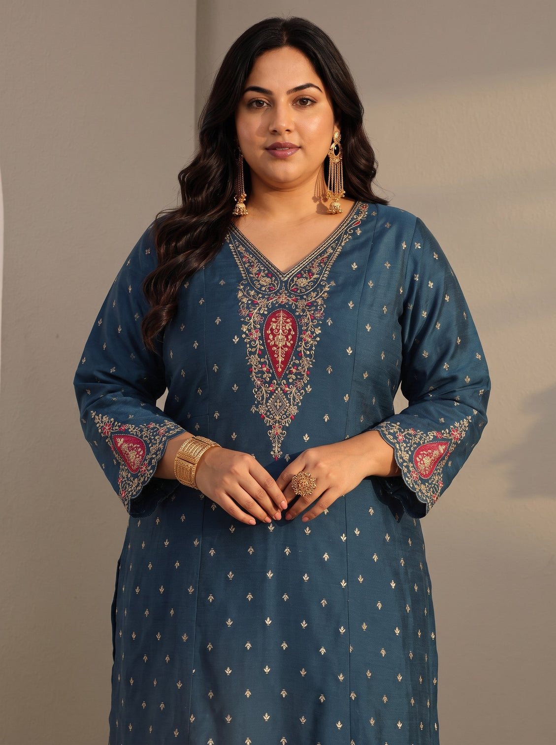 Plus Size Blue Woven Design Silk Blend A-Line Suit Set With Dupatta