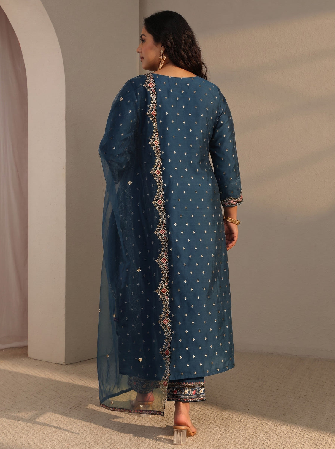 Plus Size Blue Woven Design Silk Blend A-Line Suit Set With Dupatta