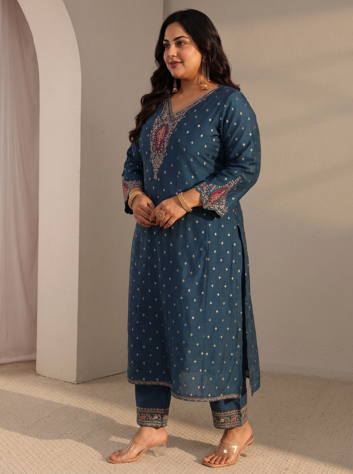 Plus Size Blue Woven Design Silk Blend A-Line Suit Set With Dupatta