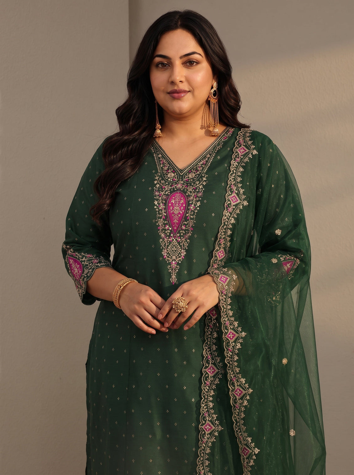 Plus Size Green Woven Design Silk Blend A-Line Suit Set With Dupatta