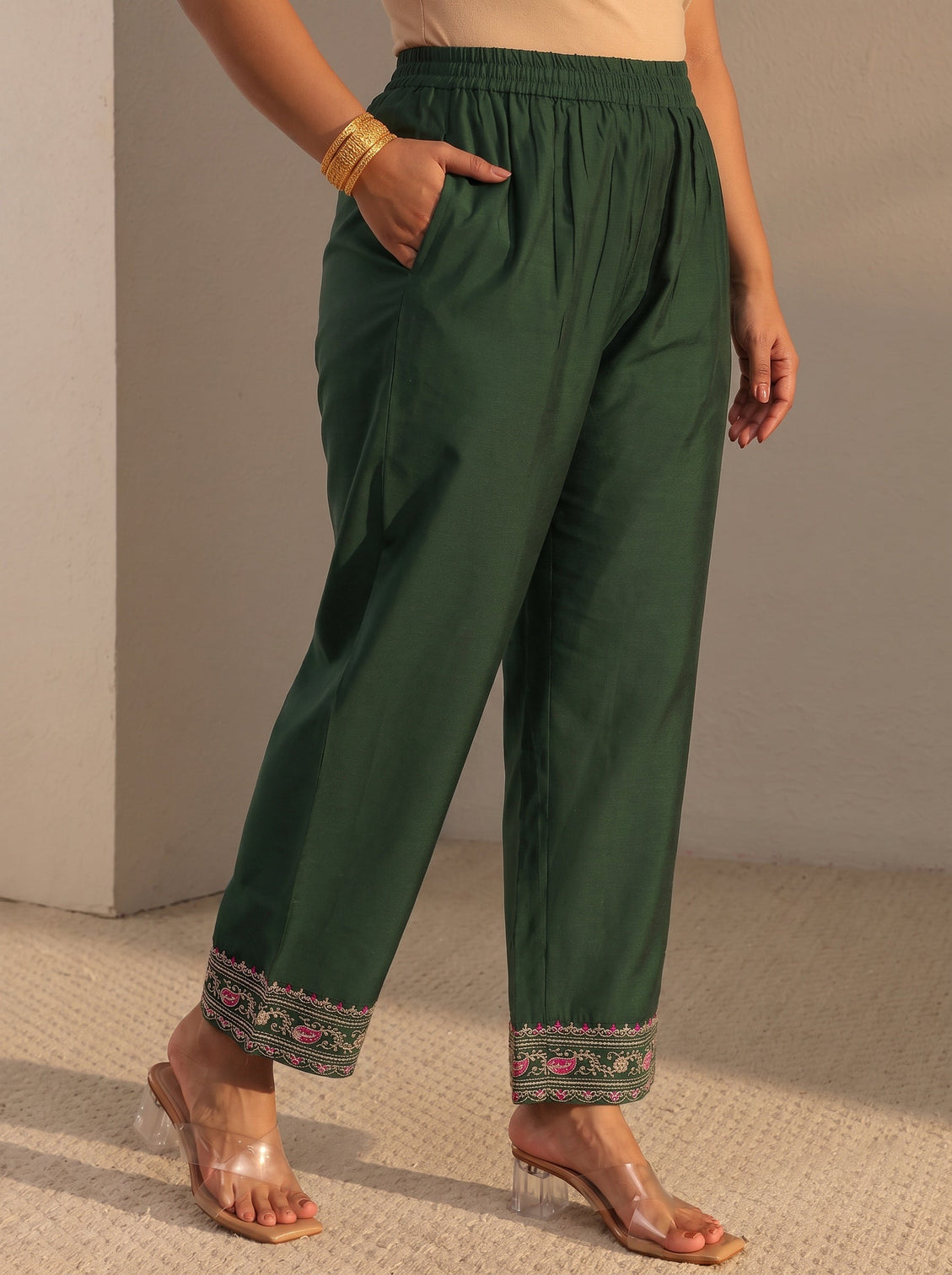Plus Size Green Woven Design Silk Blend A-Line Suit Set With Dupatta