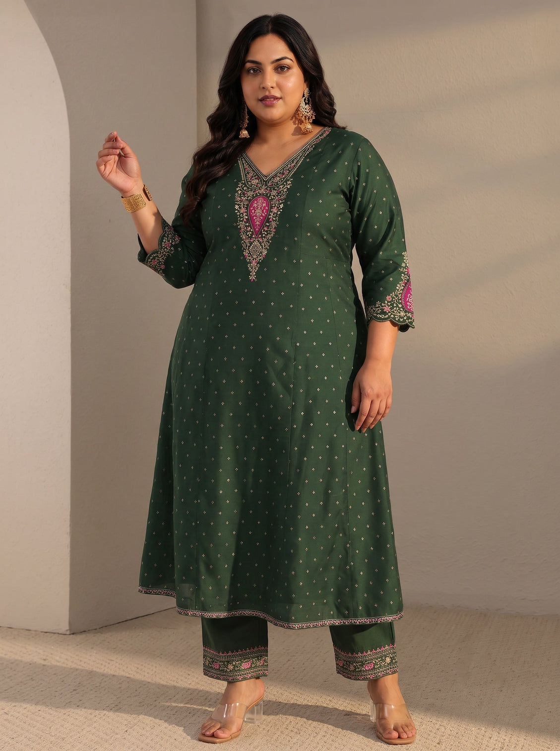 Plus Size Green Woven Design Silk Blend A-Line Suit Set With Dupatta